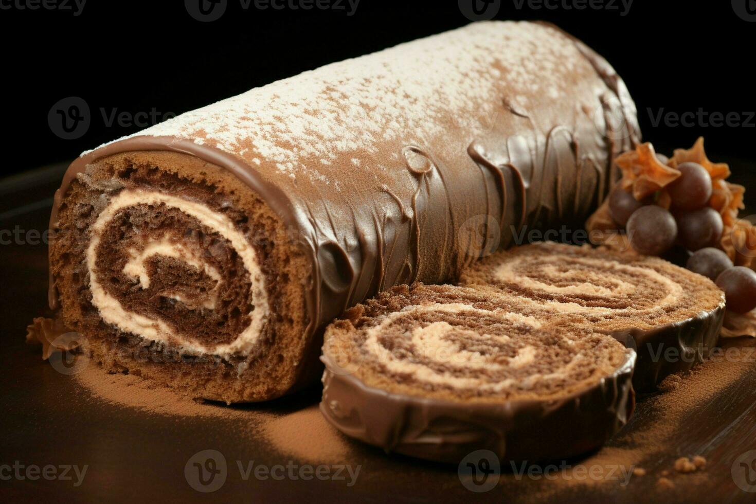 AI generated Classic Yule log a festive treat Christmas cake rolled and adorned for a delightful celebration AI Generated photo