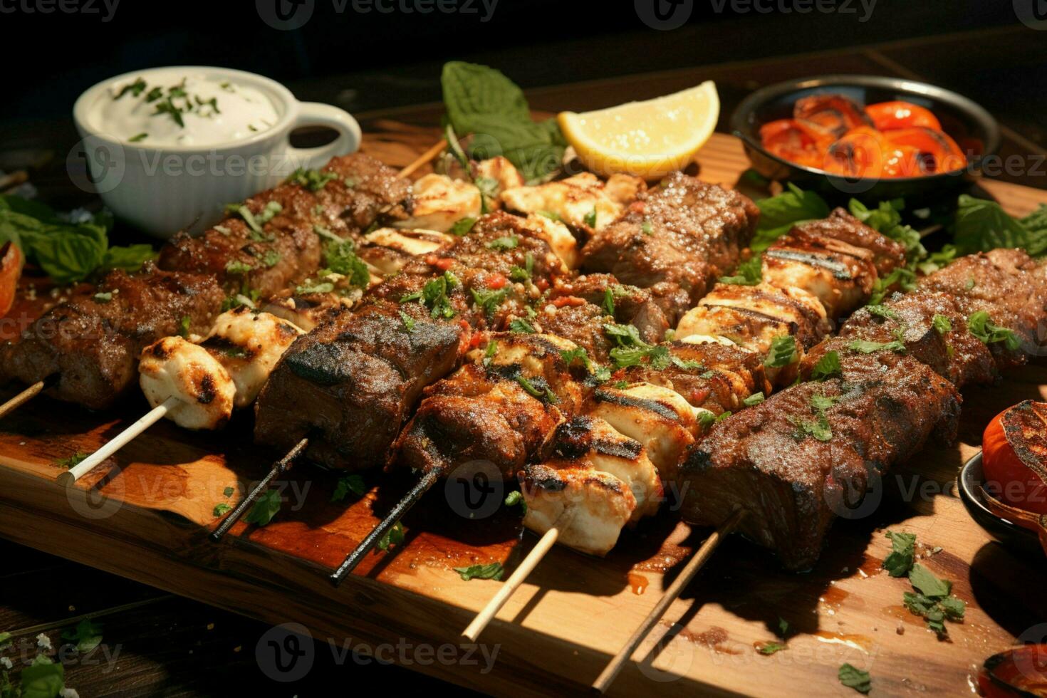 Juicy skewered seekh kababs a mouthwatering blend of spices and grilled goodness AI Generated photo