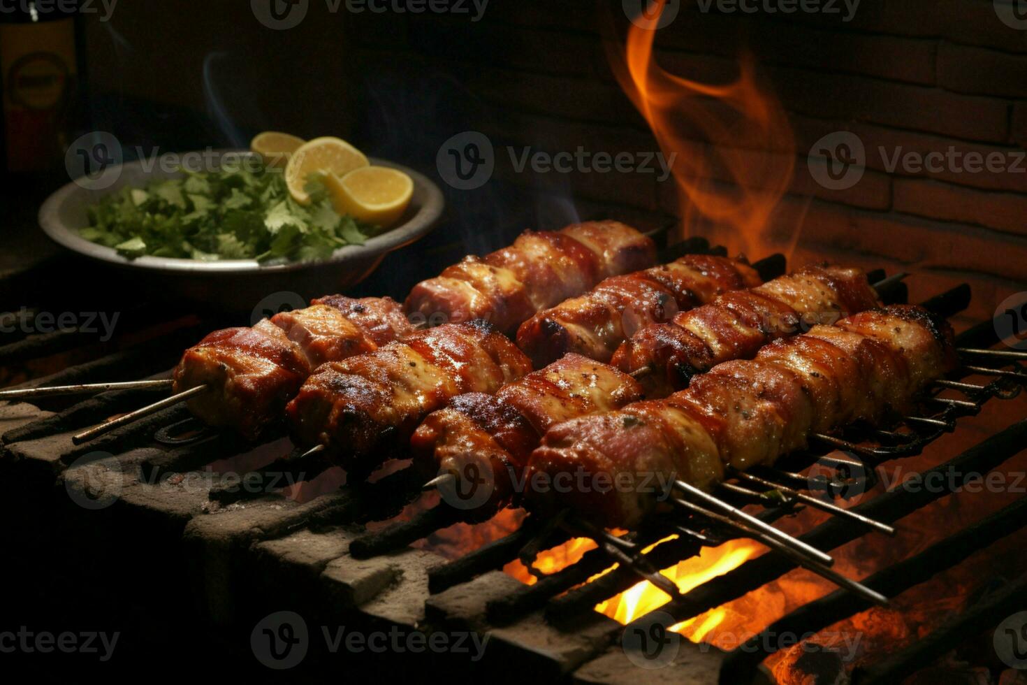 Juicy skewered seekh kababs a mouthwatering blend of spices and grilled goodness AI Generated photo