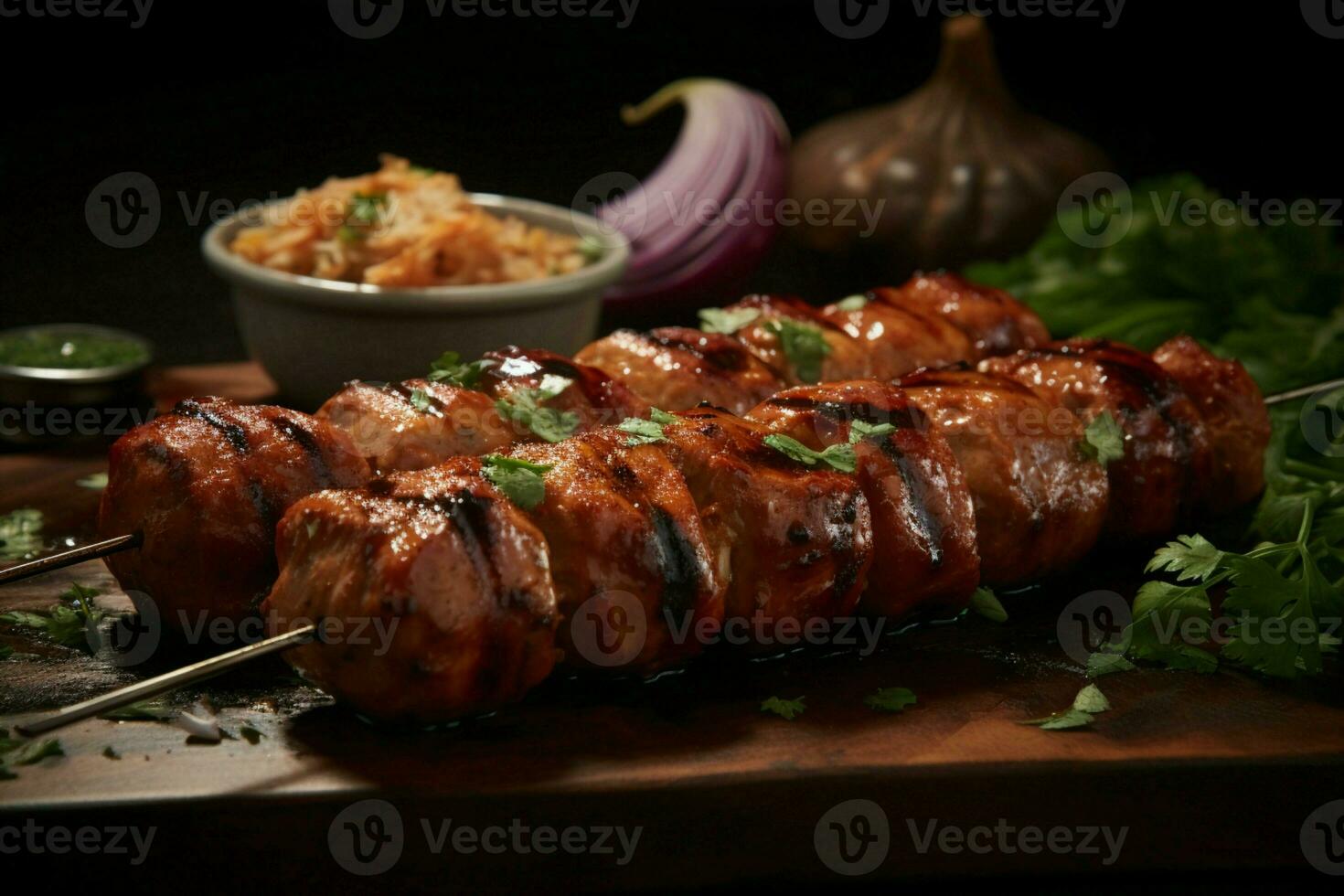 Juicy skewered seekh kababs a mouthwatering blend of spices and grilled goodness AI Generated photo