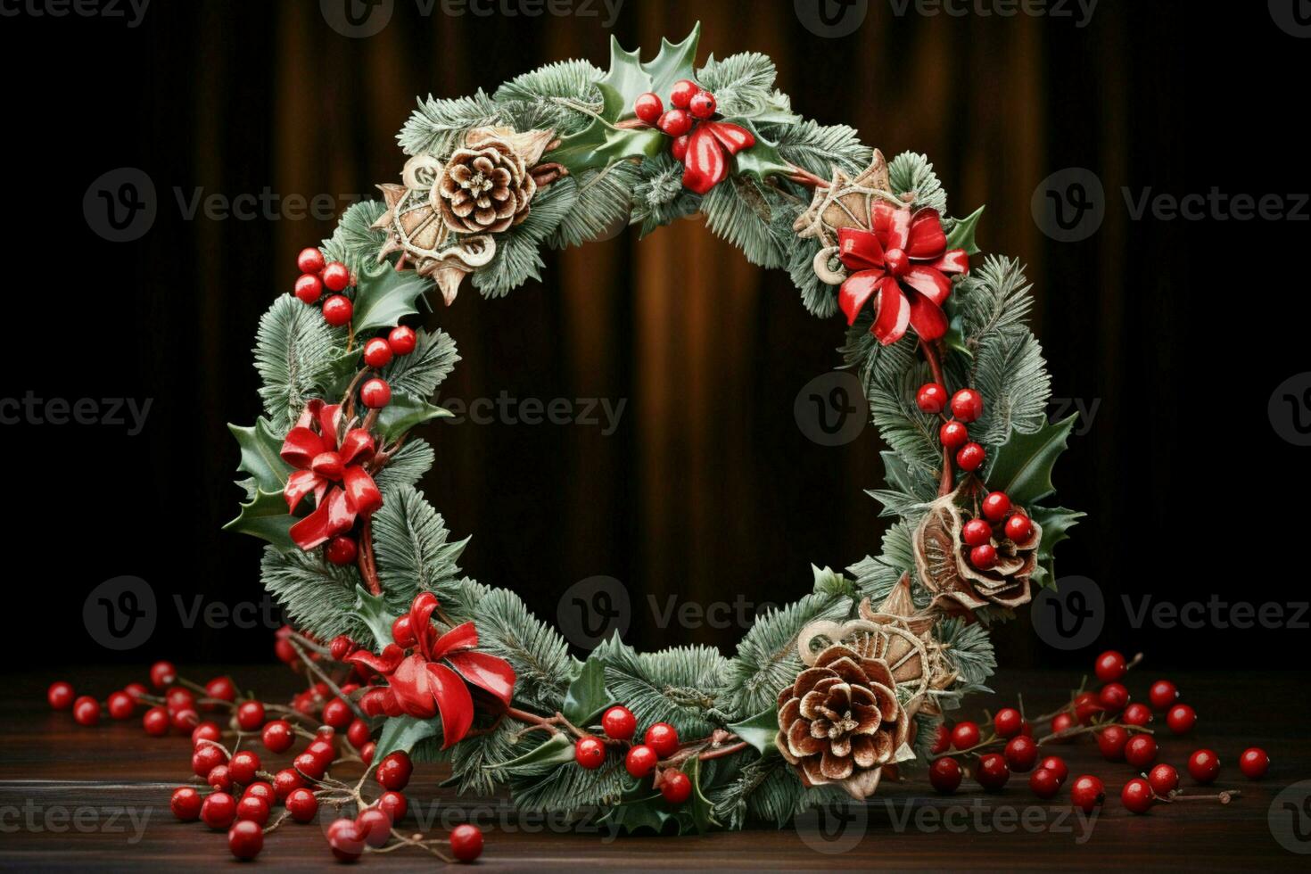 AI generated Rustic Christmas wreath ornaments a beacon of yuletide charm AI Generated photo