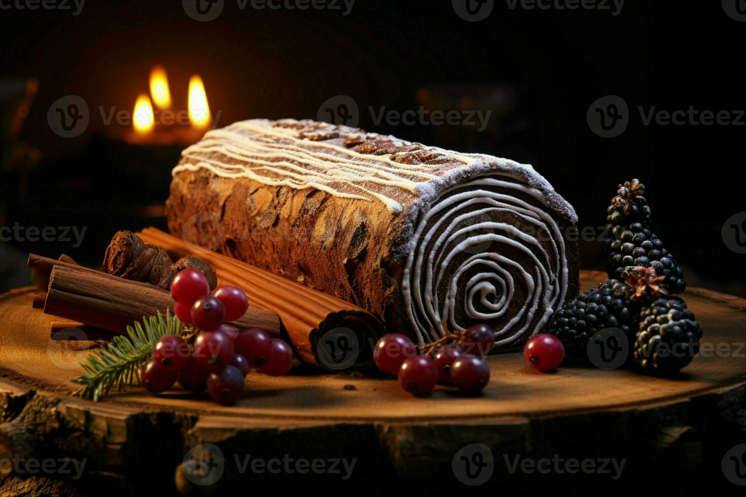 AI generated Classic Yule log a festive treat Christmas cake rolled and adorned for a delightful celebration AI Generated photo