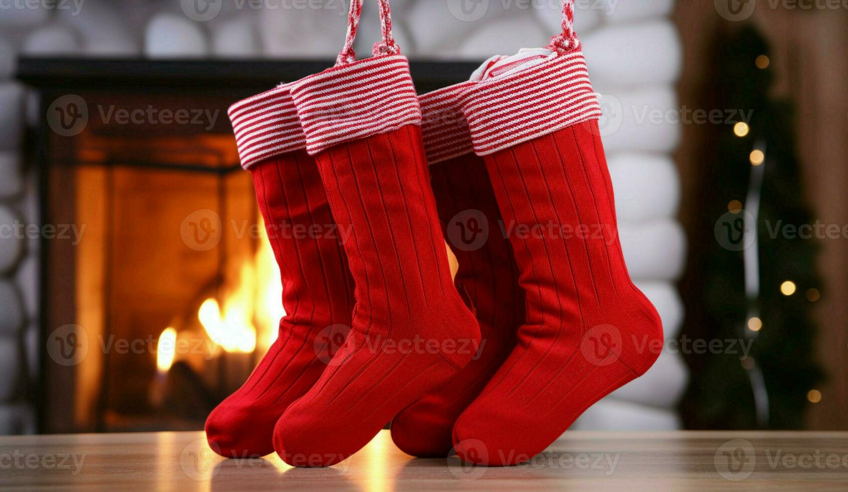 AI generated Christmas Festive celebrations red sock hung by the fireplace awaiting Santas joyful surprises  AI Generated photo