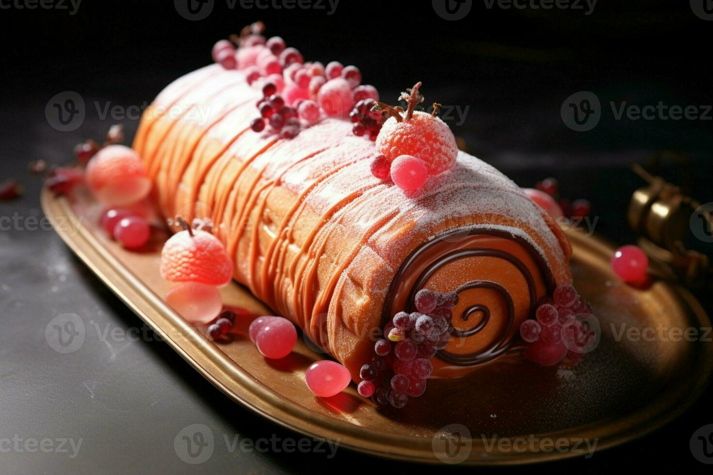 AI generated Classic Yule log a festive treat Christmas cake rolled and adorned for a delightful celebration AI Generated photo