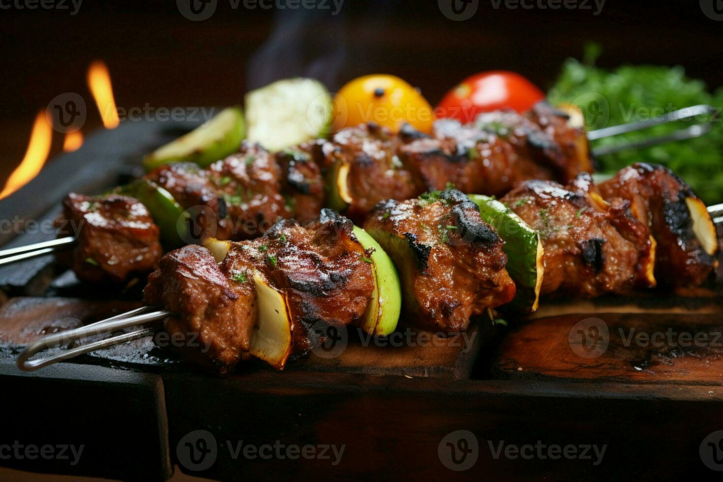 Juicy skewered seekh kababs a mouthwatering blend of spices and grilled goodness AI Generated photo