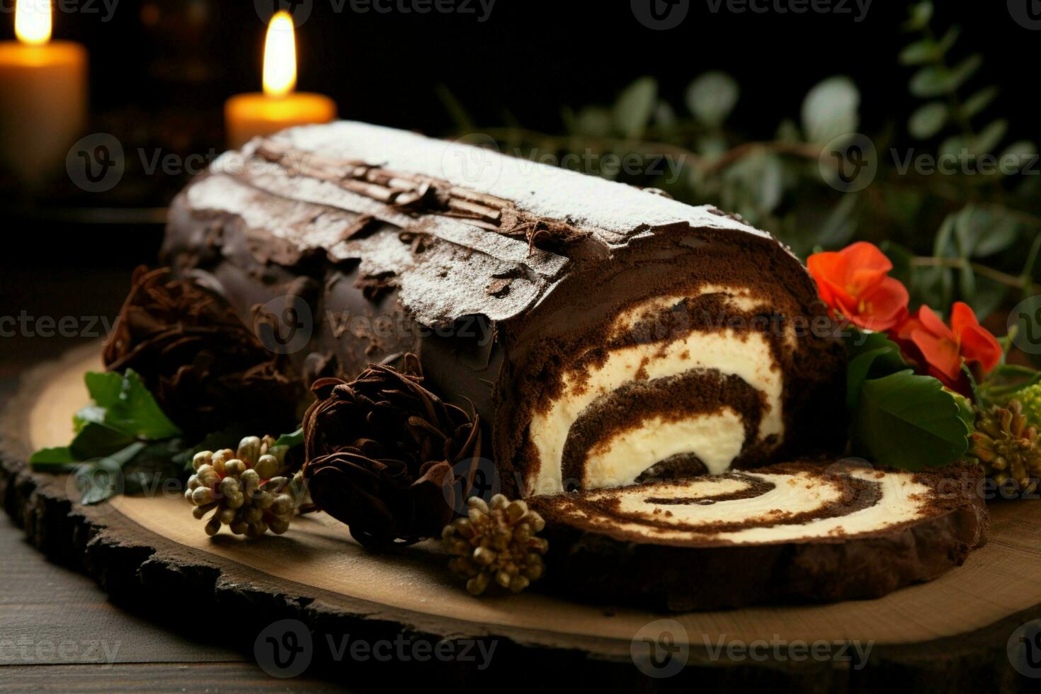 AI generated Classic Yule log a festive treat Christmas cake rolled and adorned for a delightful celebration AI Generated photo