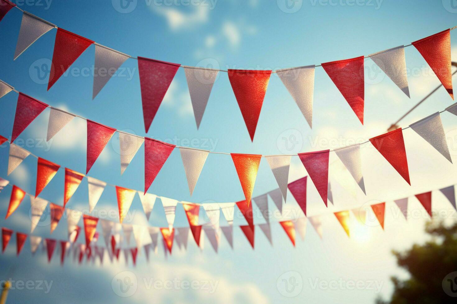 AI generated Vibrant red and white bunting festively hanging with triangular flags for celebrations. AI Generated photo