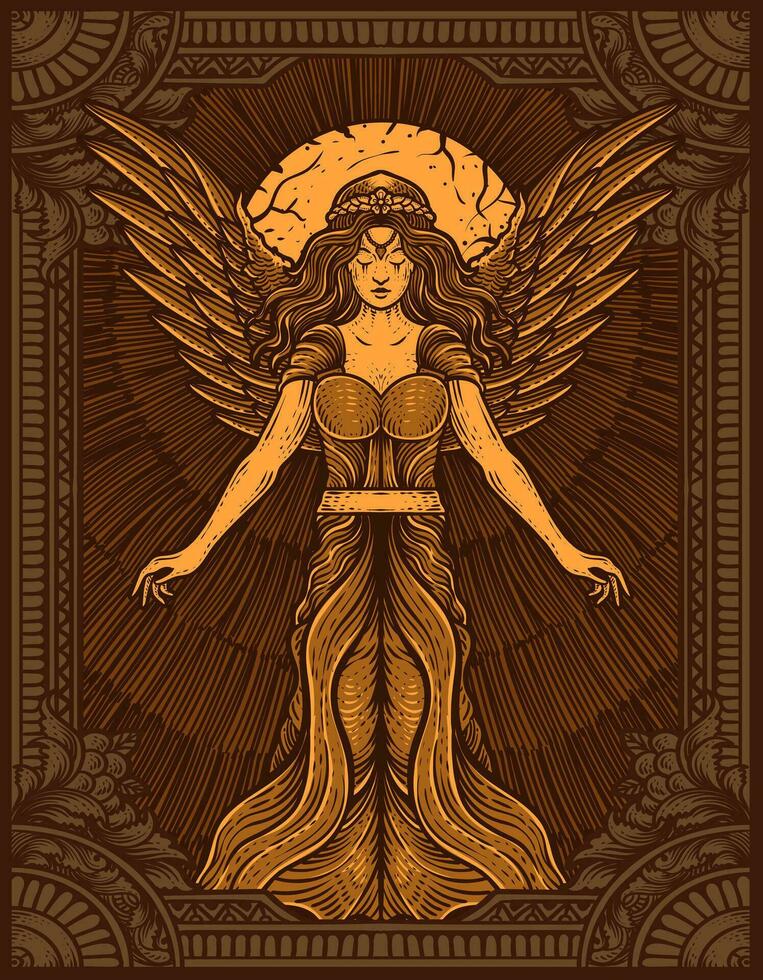 Illustration hand drawn. Vintage female angel with engraving ornament frame vector