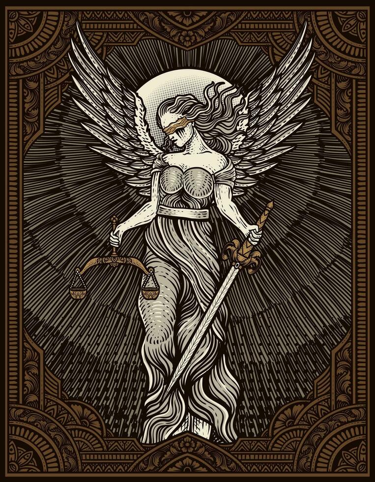 Illustration hand drawn. Vintage justice angel with engraving ornament frame. Vector design