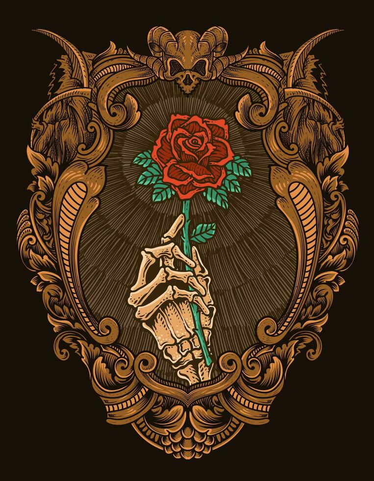 Illustration vector skull holding rose flower with engraving ornament frame