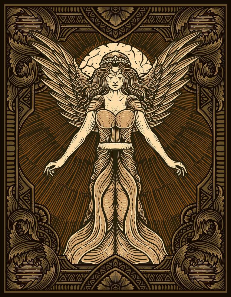 ilustración mano dibujado. Clásico hembra ángel con grabado ornamento marco vector