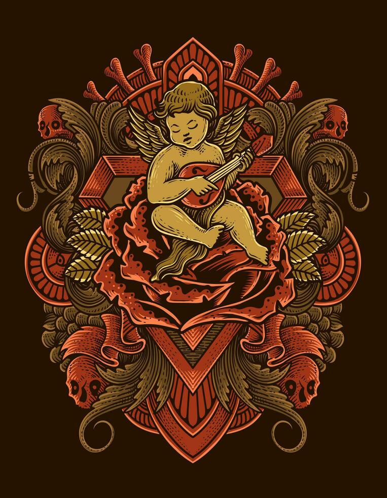 Illustration vector cupid angel playing guitar sitting on rose with engraving ornament