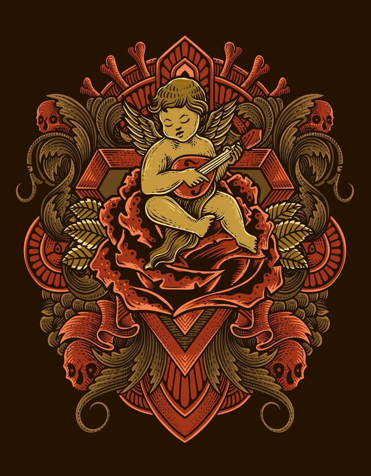 ilustración vector Cupido ángel jugando guitarra sentado en Rosa con grabado ornamento