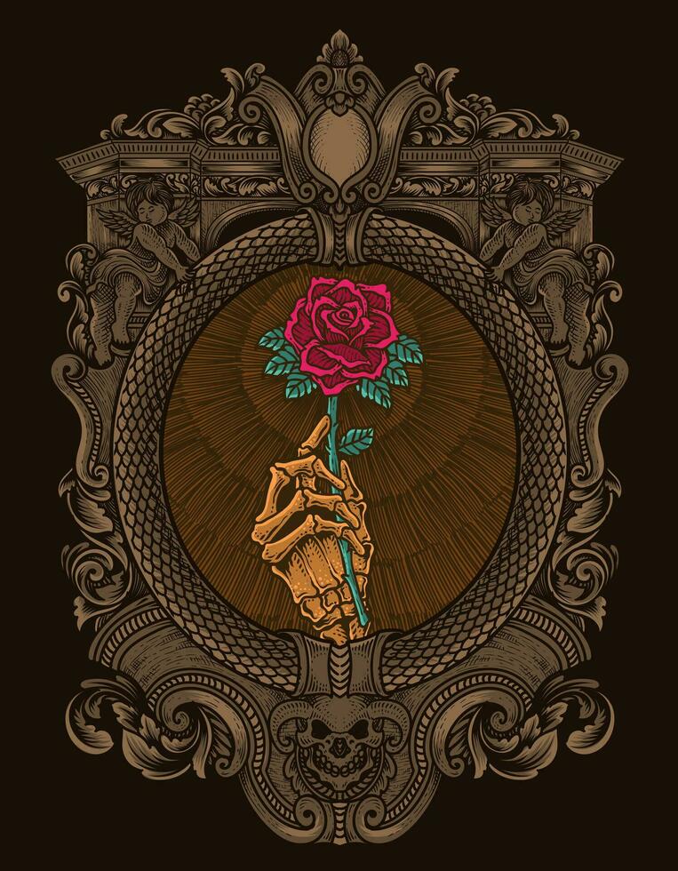 ilustración vector cráneo participación Rosa flor con grabado ornamento marco