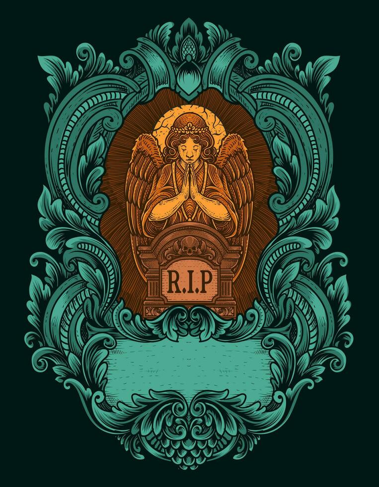 Illustration vector angels praying at the tombstone with engraving ornament frame