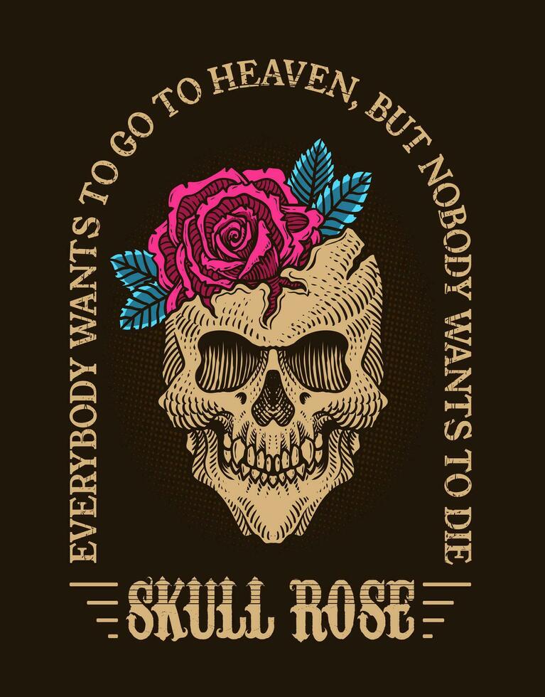 Illustration vintage skull with rose flower vector