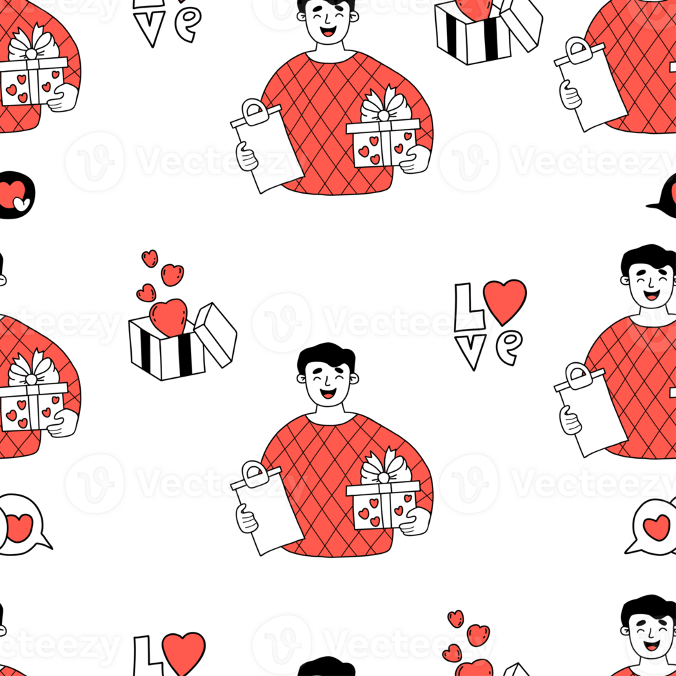 Seamless romantic pattern. Man with gift png