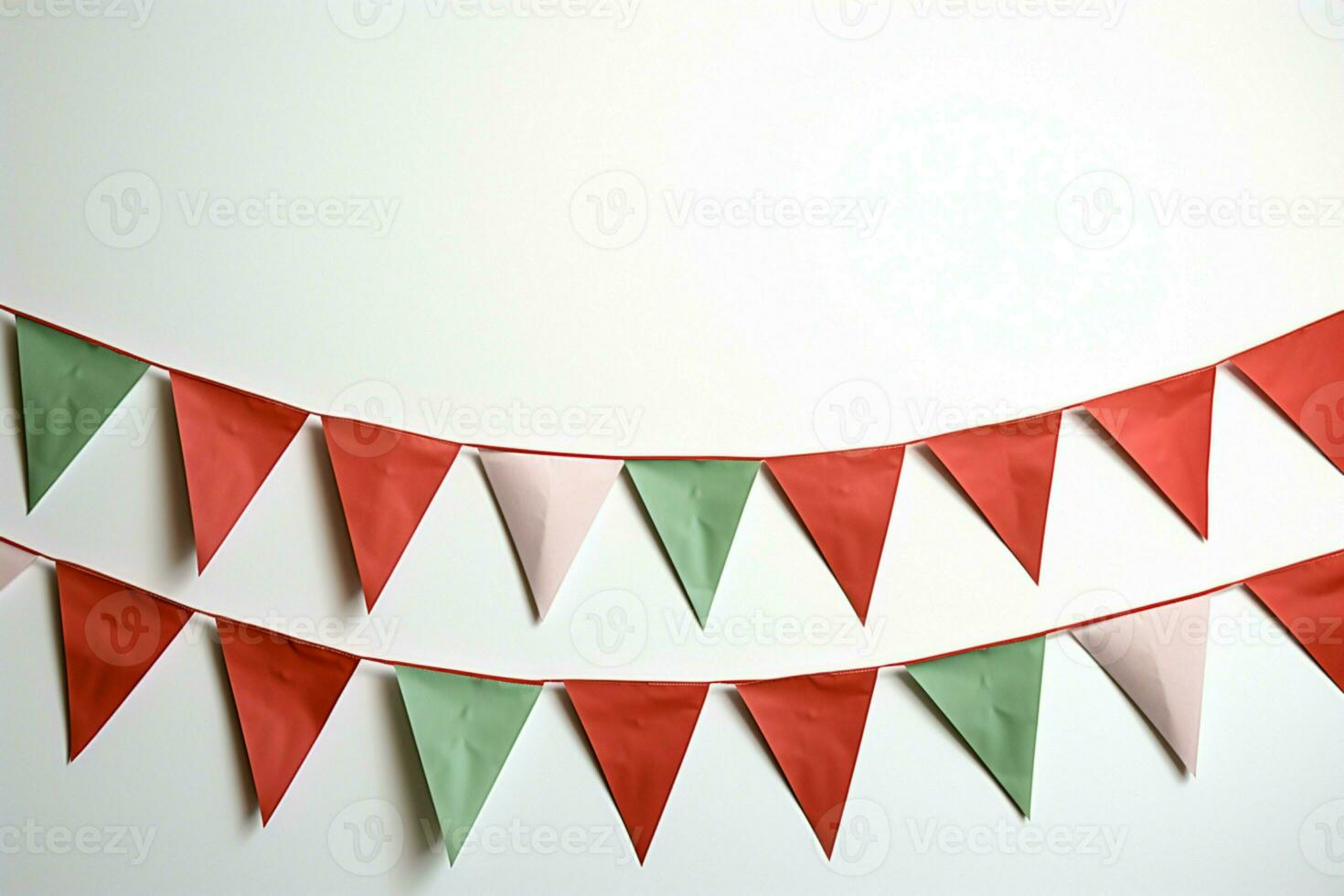 AI generated Vibrant red and white bunting festively hanging with triangular flags for celebrations. AI Generated photo