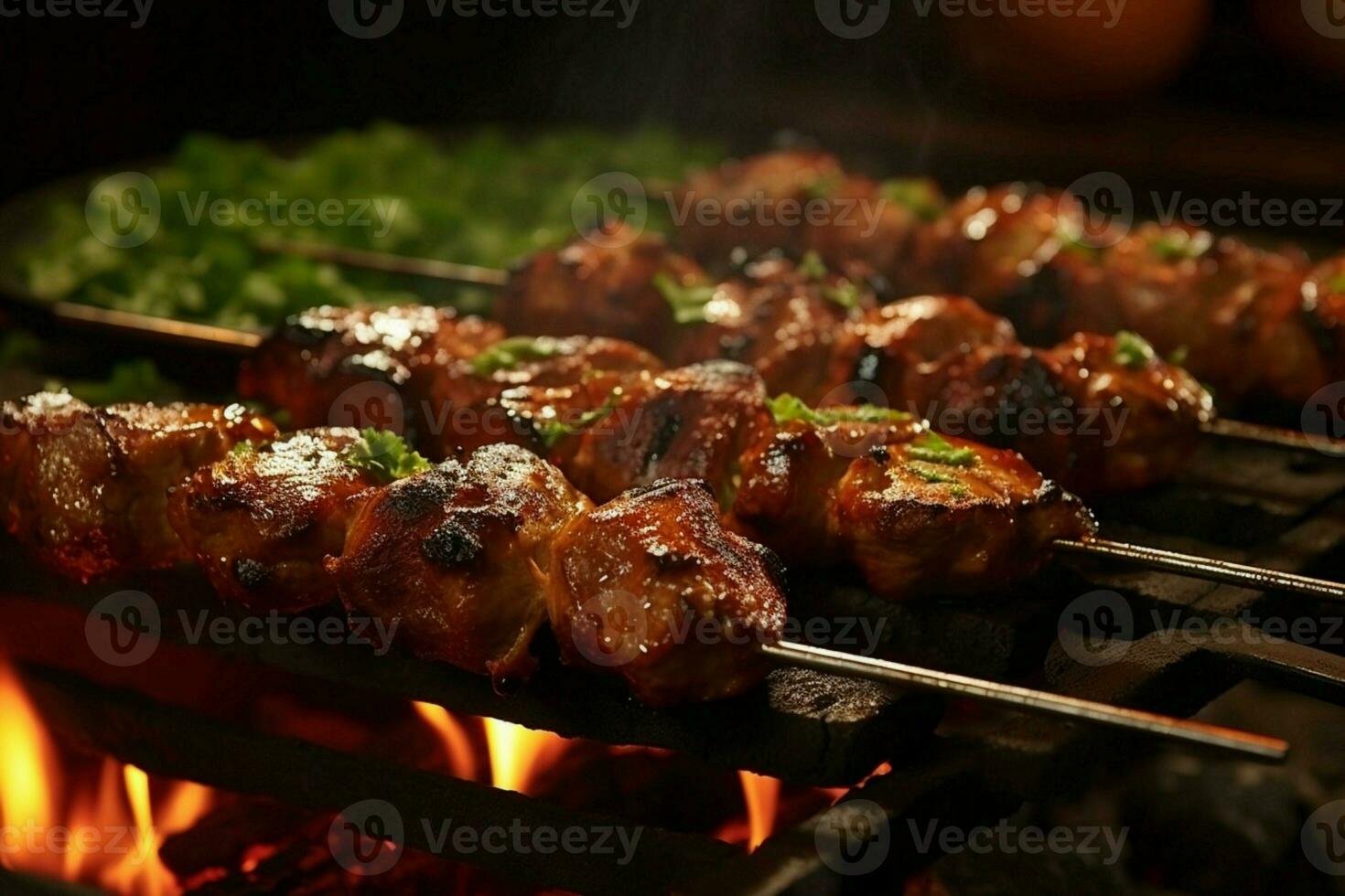 Juicy skewered seekh kababs a mouthwatering blend of spices and grilled goodness AI Generated photo