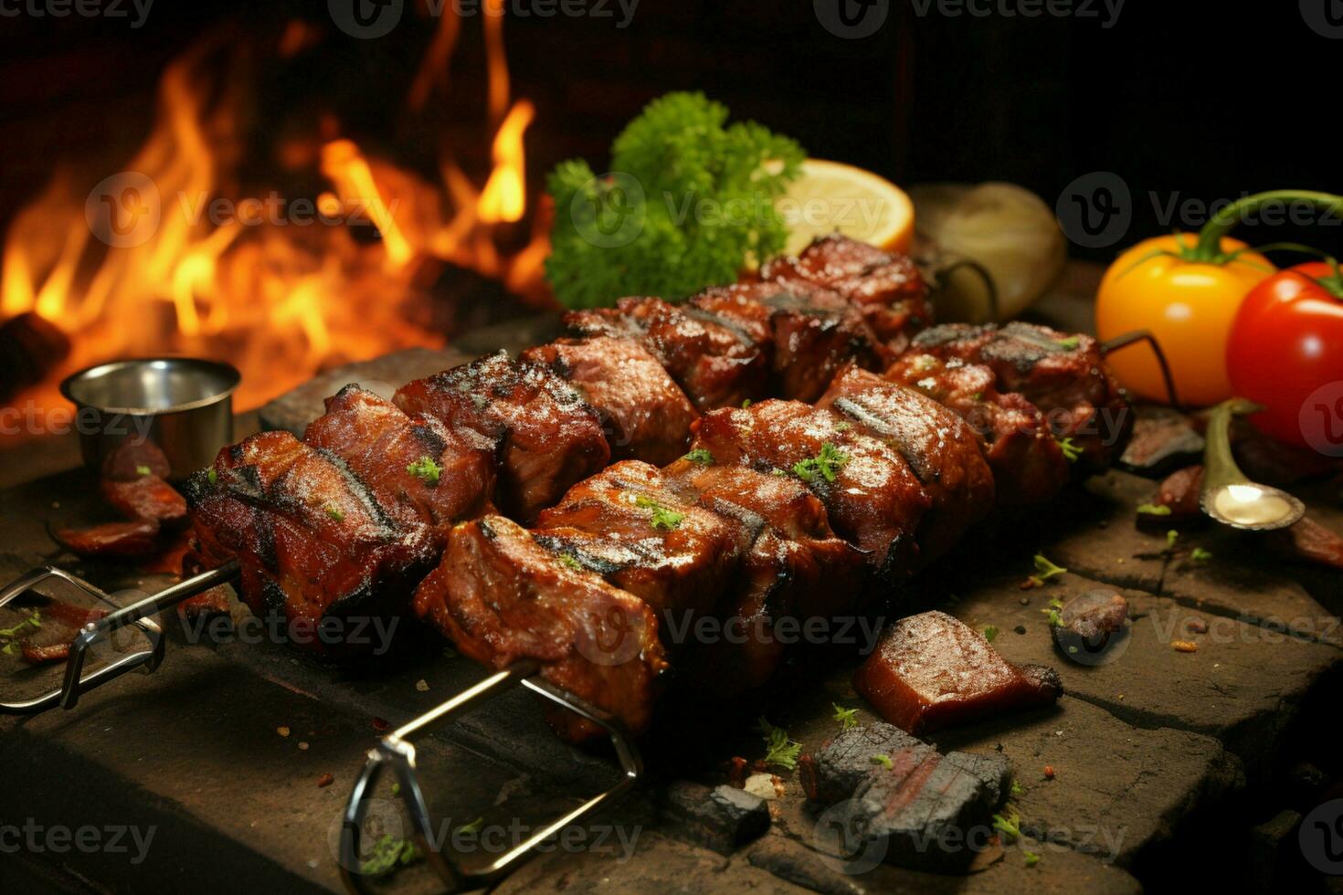 jugoso ensartado seekh brochetas un Agua en la boca mezcla de especias y A la parrilla bondad ai generado foto