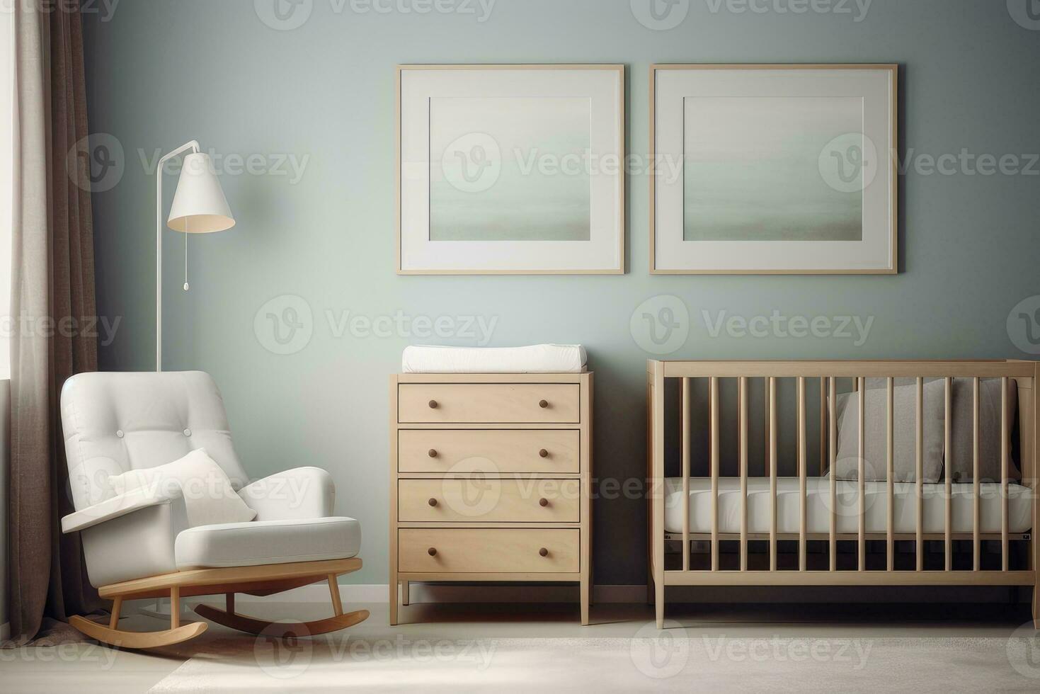 AI generated Cozy interior of a children's bedroom with paintings on the wall, an armchair and a small crib. AI-generated content photo