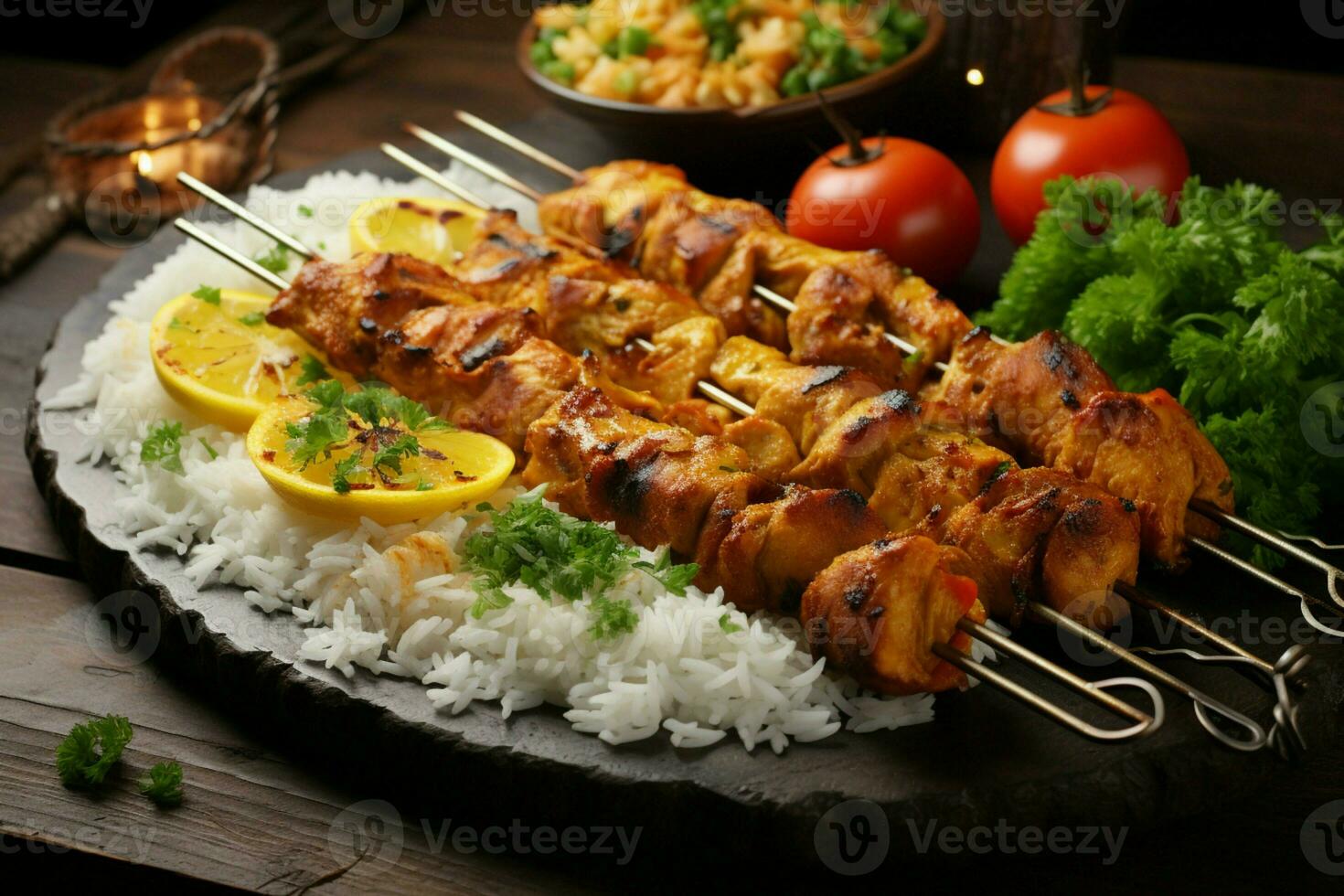 Juicy skewered seekh kababs a mouthwatering blend of spices and grilled goodness AI Generated photo