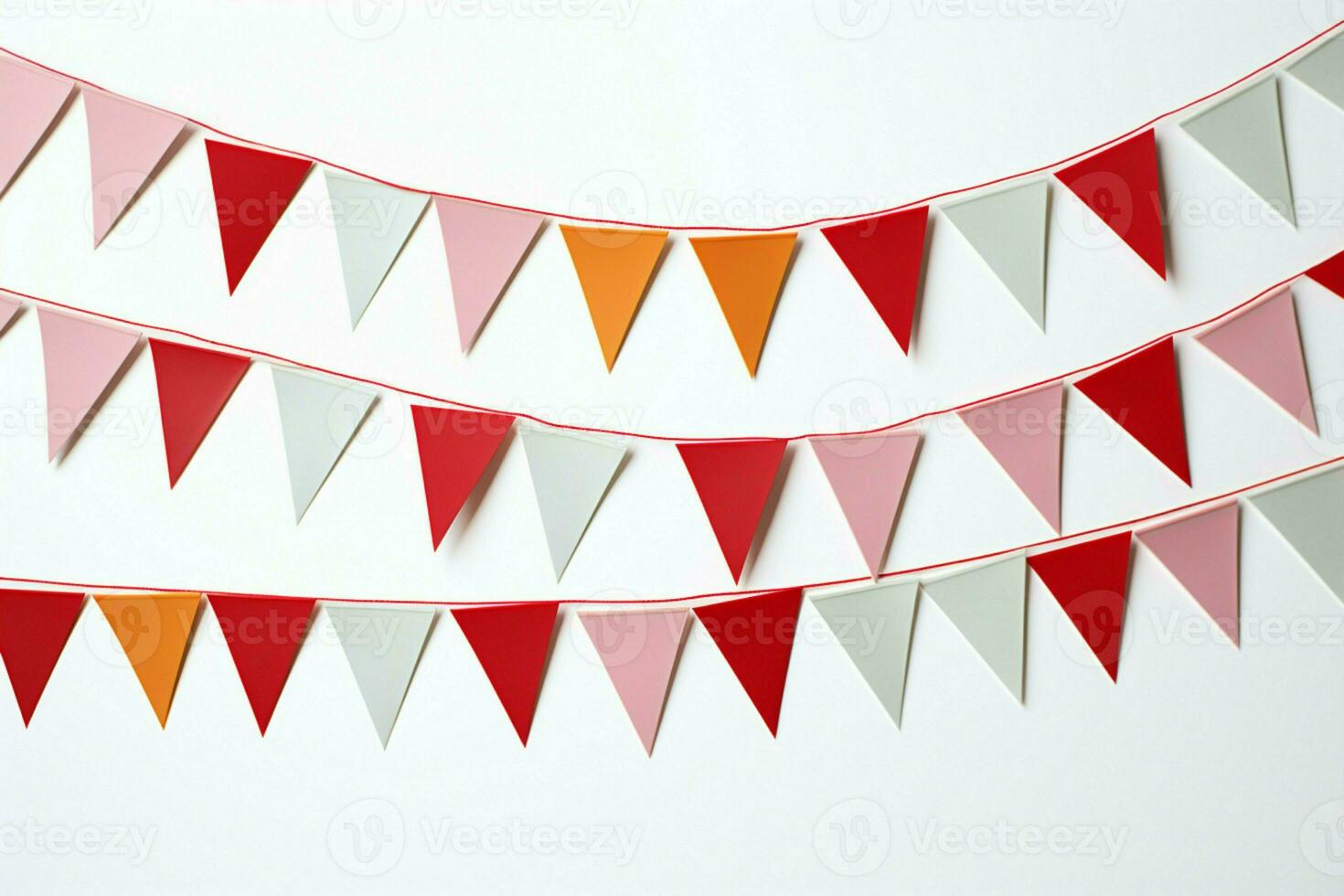 AI generated Vibrant red and white bunting festively hanging with triangular flags for celebrations. AI Generated photo