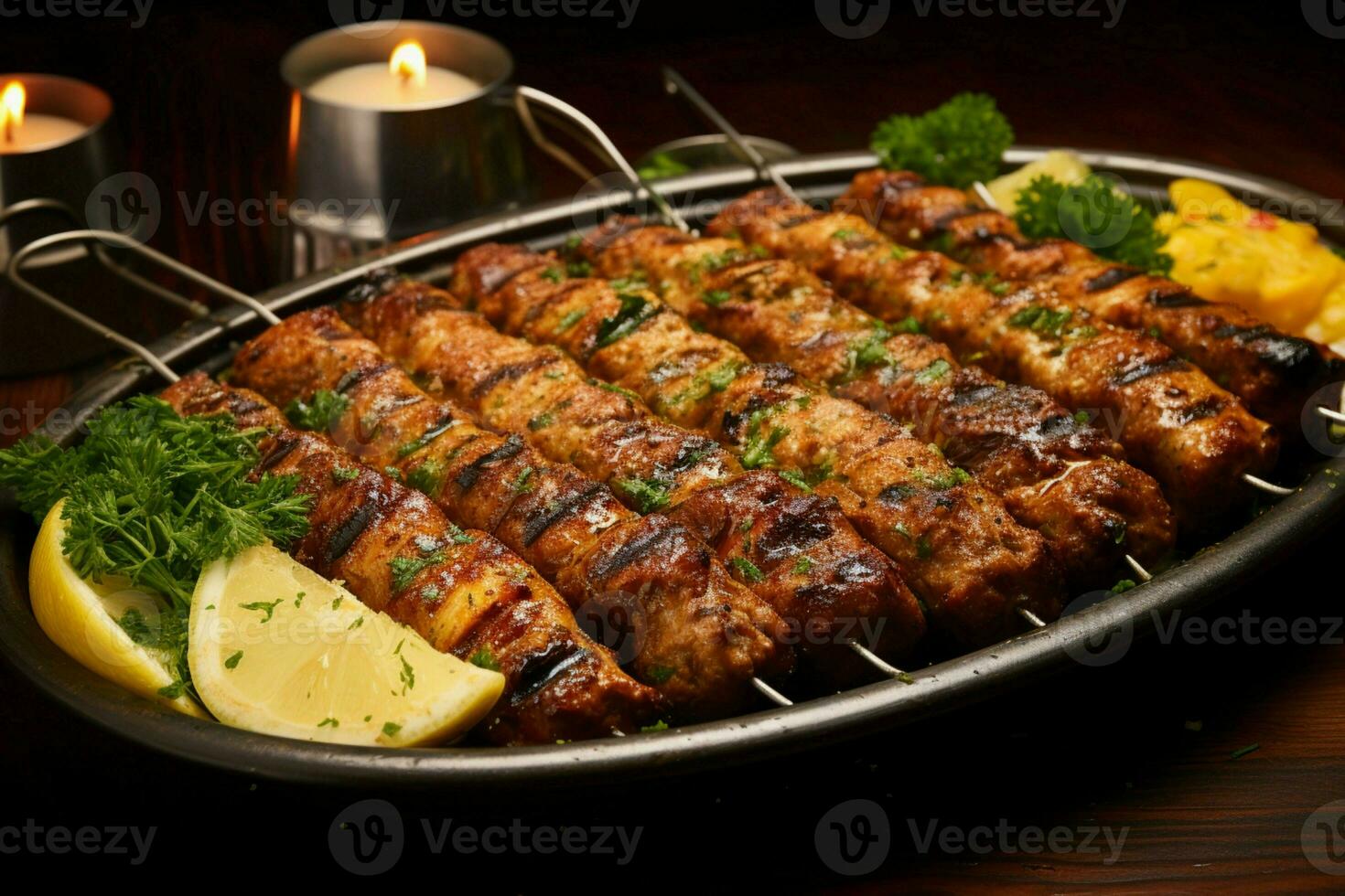 Juicy skewered seekh kababs a mouthwatering blend of spices and grilled goodness AI Generated photo