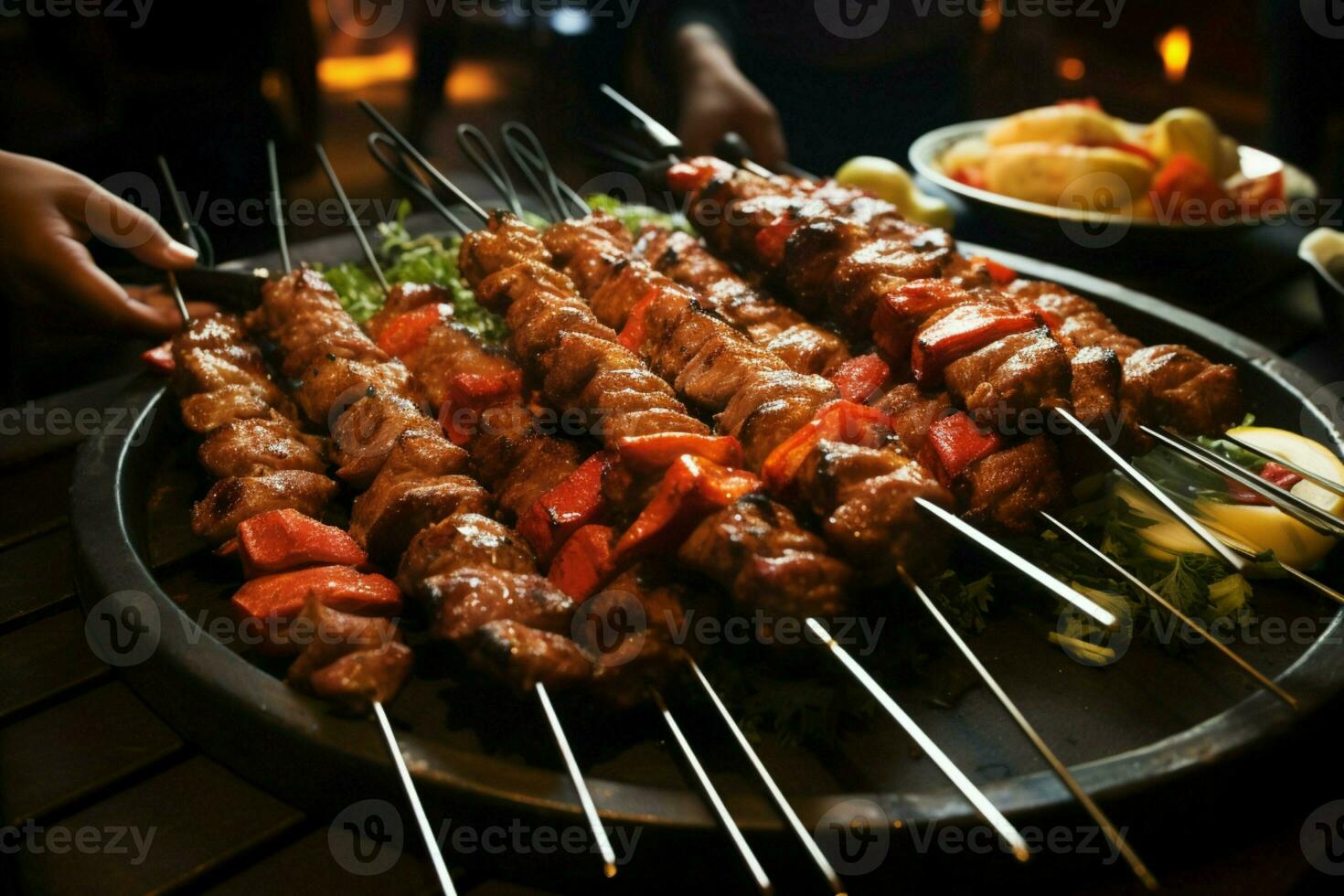 Juicy skewered seekh kababs a mouthwatering blend of spices and grilled goodness AI Generated photo