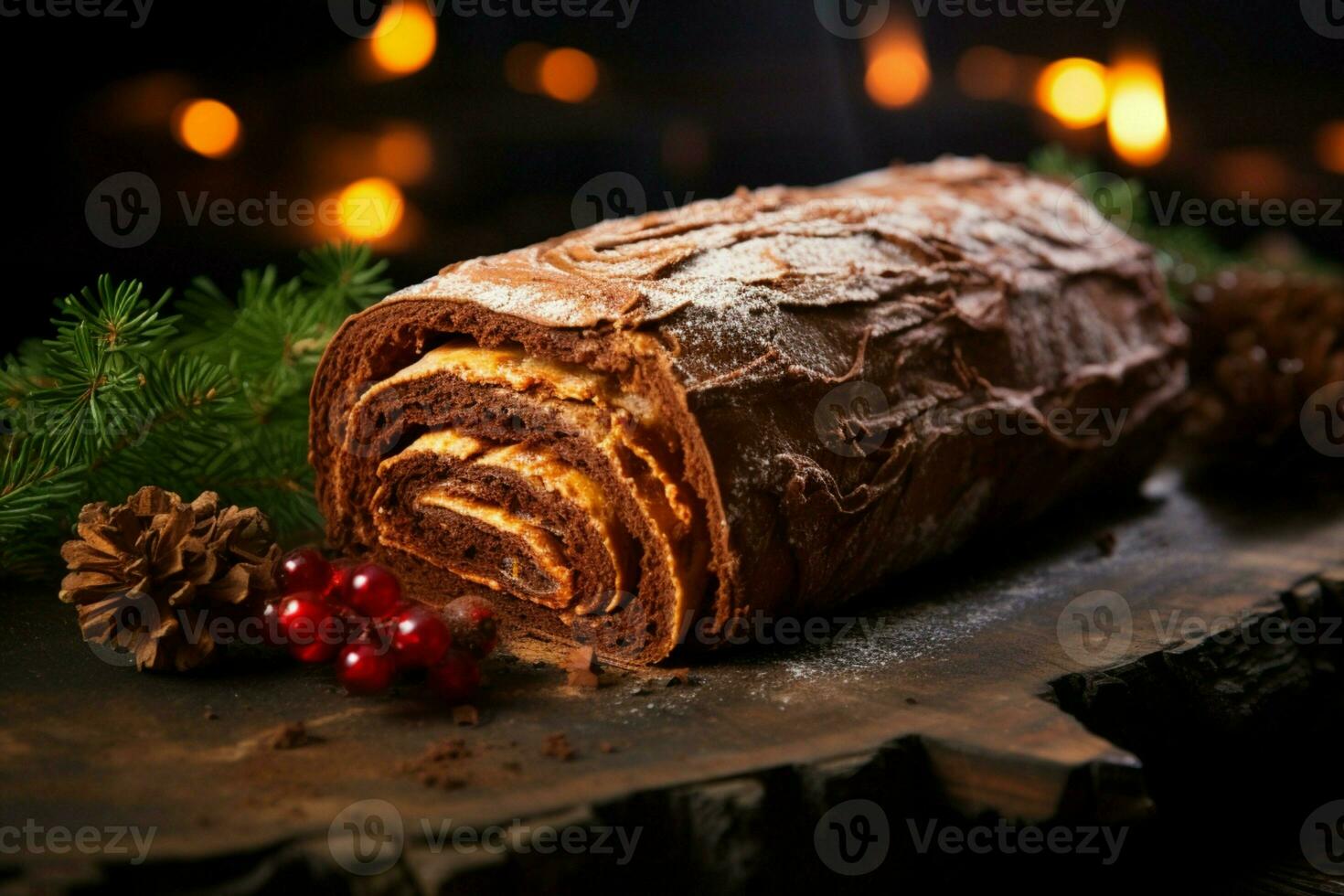 AI generated Classic Yule log a festive treat Christmas cake rolled and adorned for a delightful celebration AI Generated photo