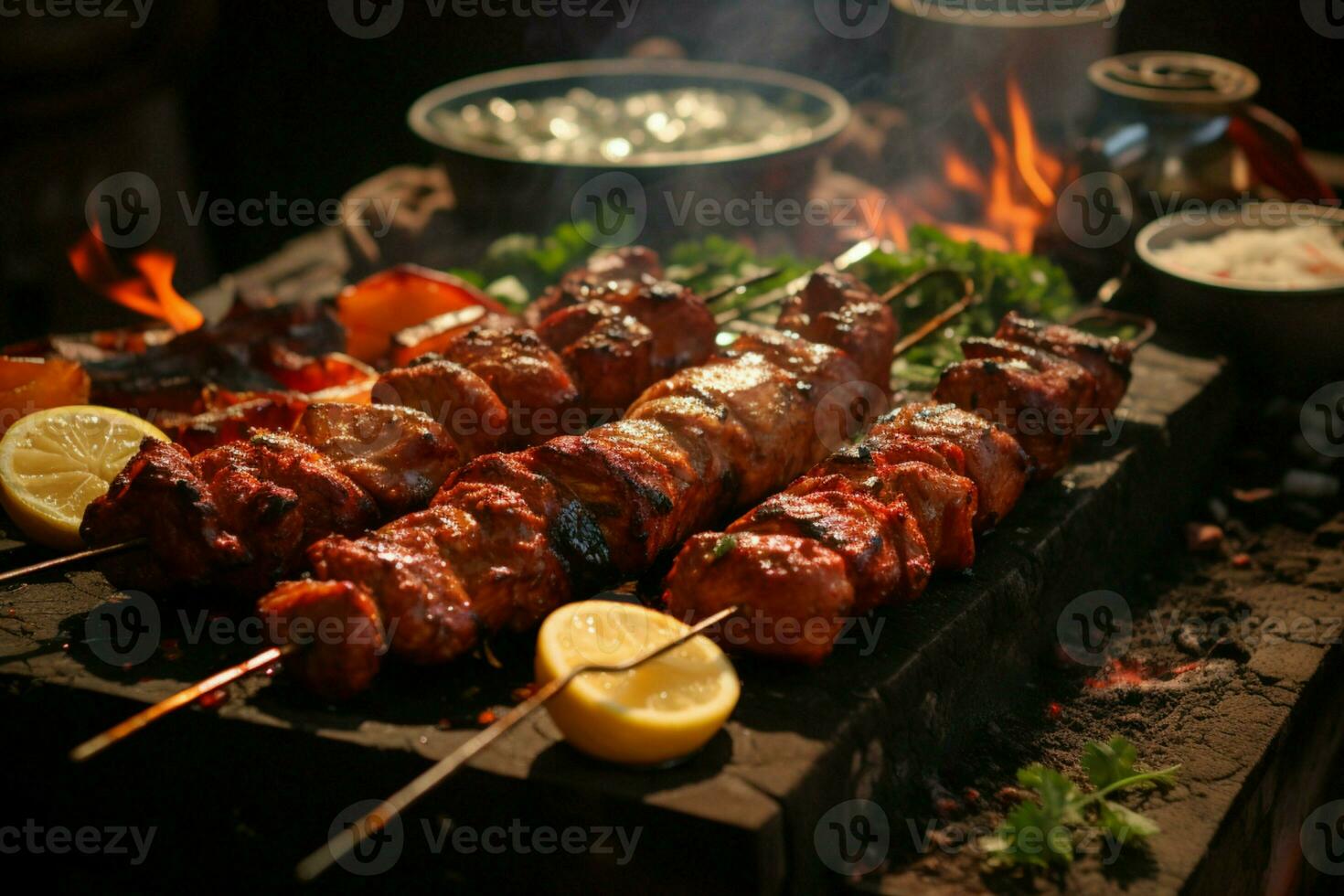 Juicy skewered seekh kababs a mouthwatering blend of spices and grilled goodness AI Generated photo