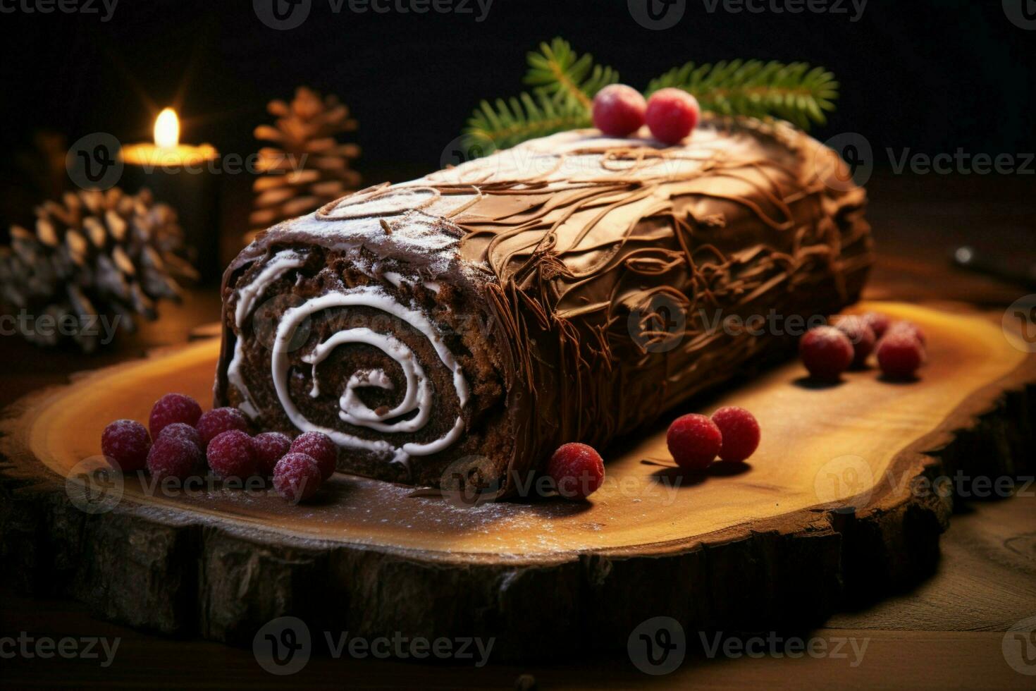 AI generated Classic Yule log a festive treat Christmas cake rolled and adorned for a delightful celebration AI Generated photo