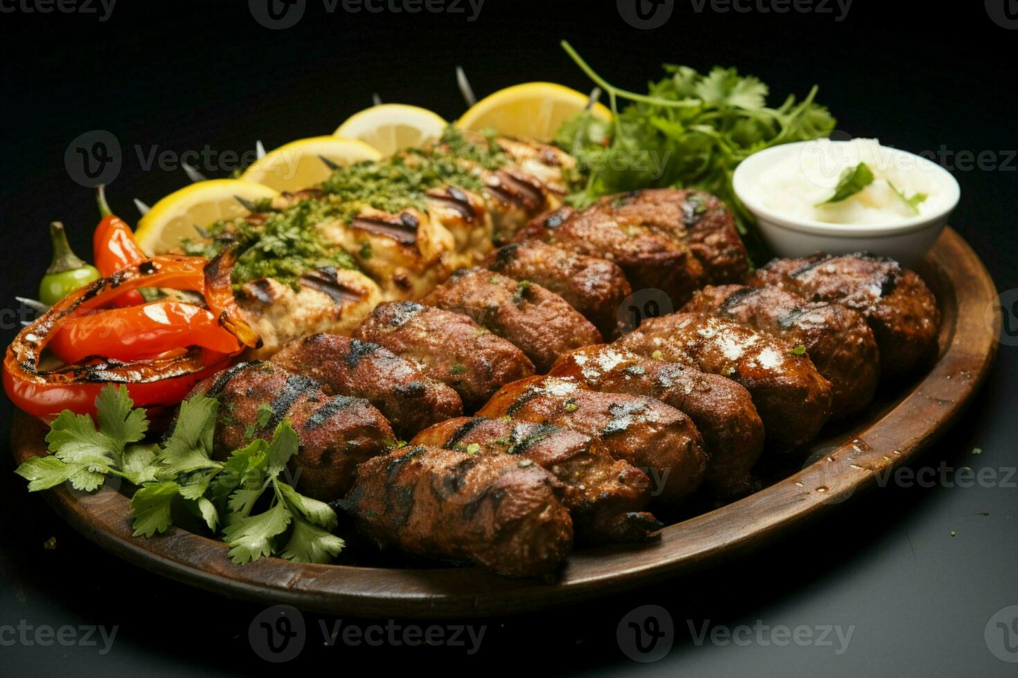 Juicy skewered seekh kababs a mouthwatering blend of spices and grilled goodness AI Generated photo