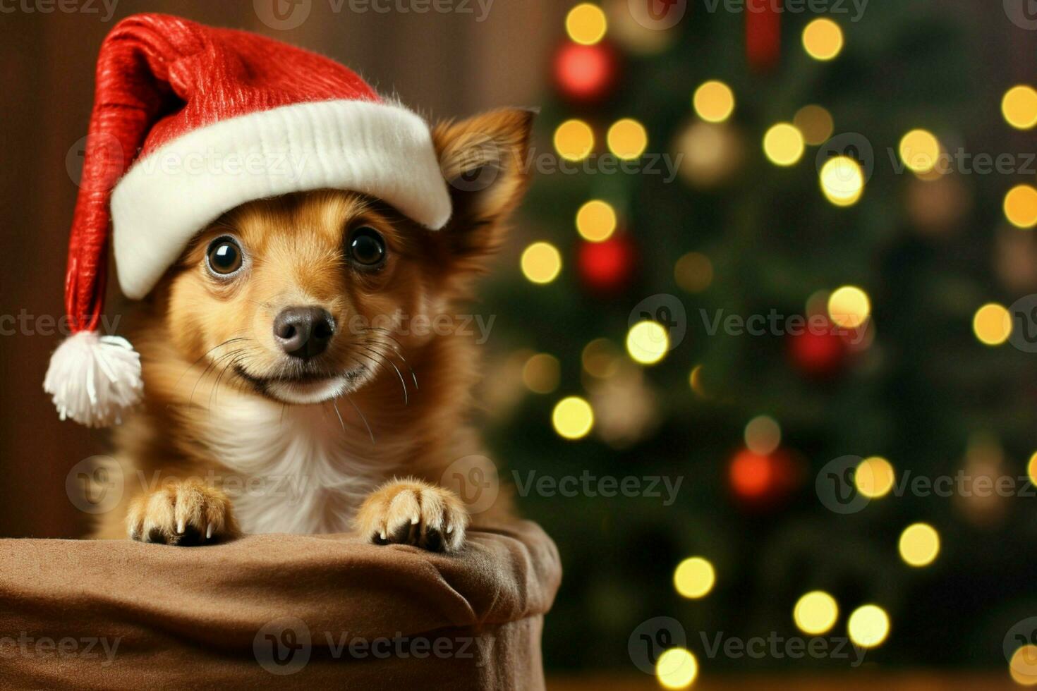 ai generado Navidad festividades con un amable perro celebrando con festivo decoraciones y fiesta alegría ai generado foto