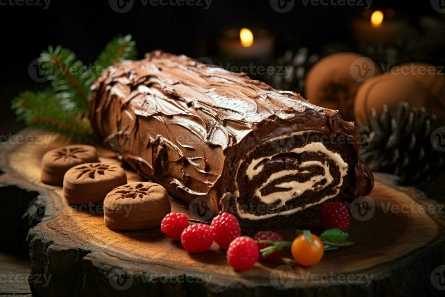 AI generated Classic Yule log a festive treat Christmas cake rolled and adorned for a delightful celebration AI Generated photo