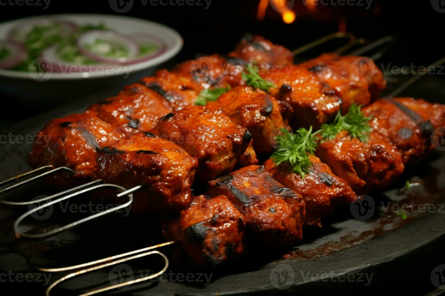 Juicy skewered seekh kababs a mouthwatering blend of spices and grilled goodness AI Generated photo