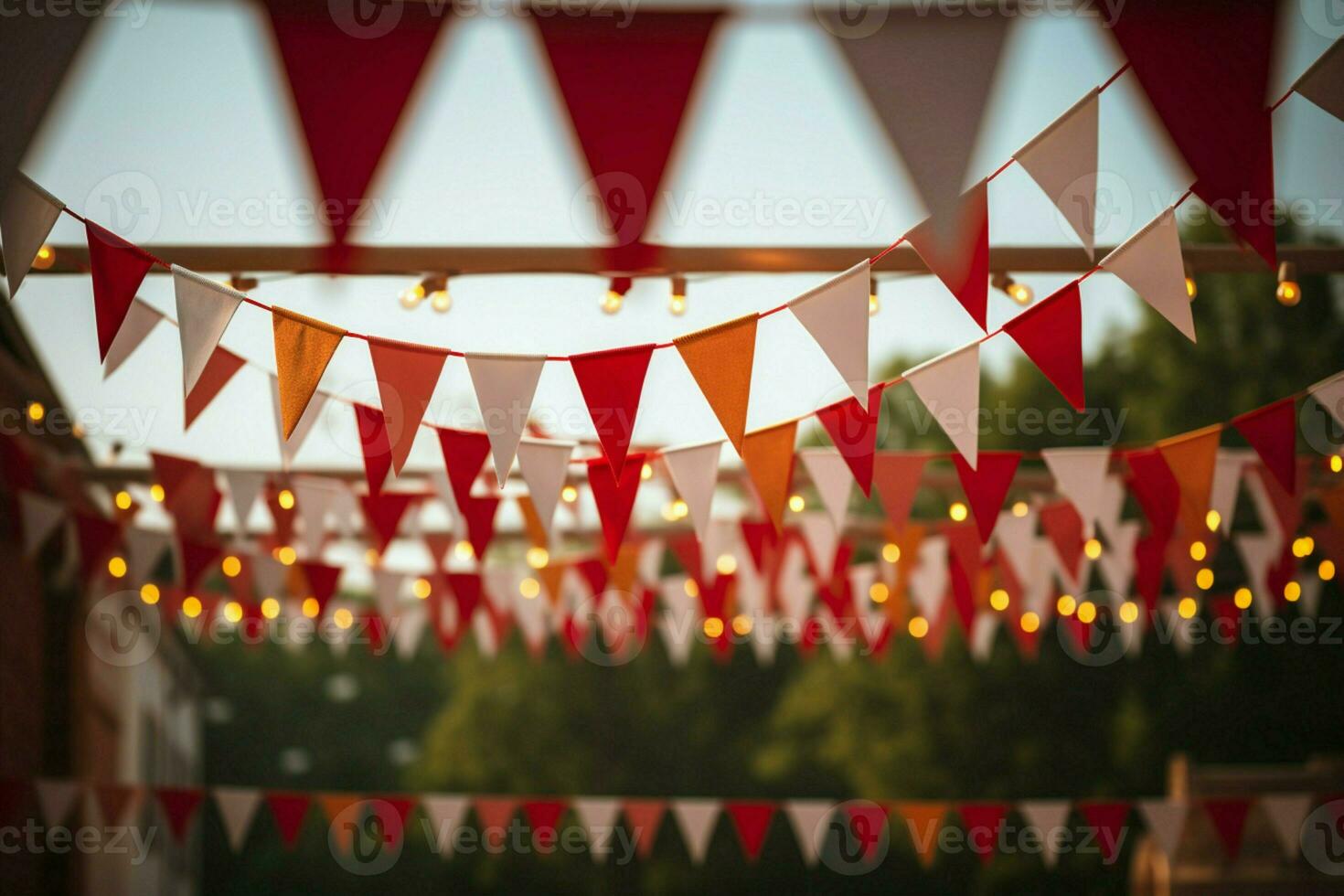 ai generado vibrante rojo y blanco verderón festivamente colgando con triangular banderas para celebraciones ai generado foto