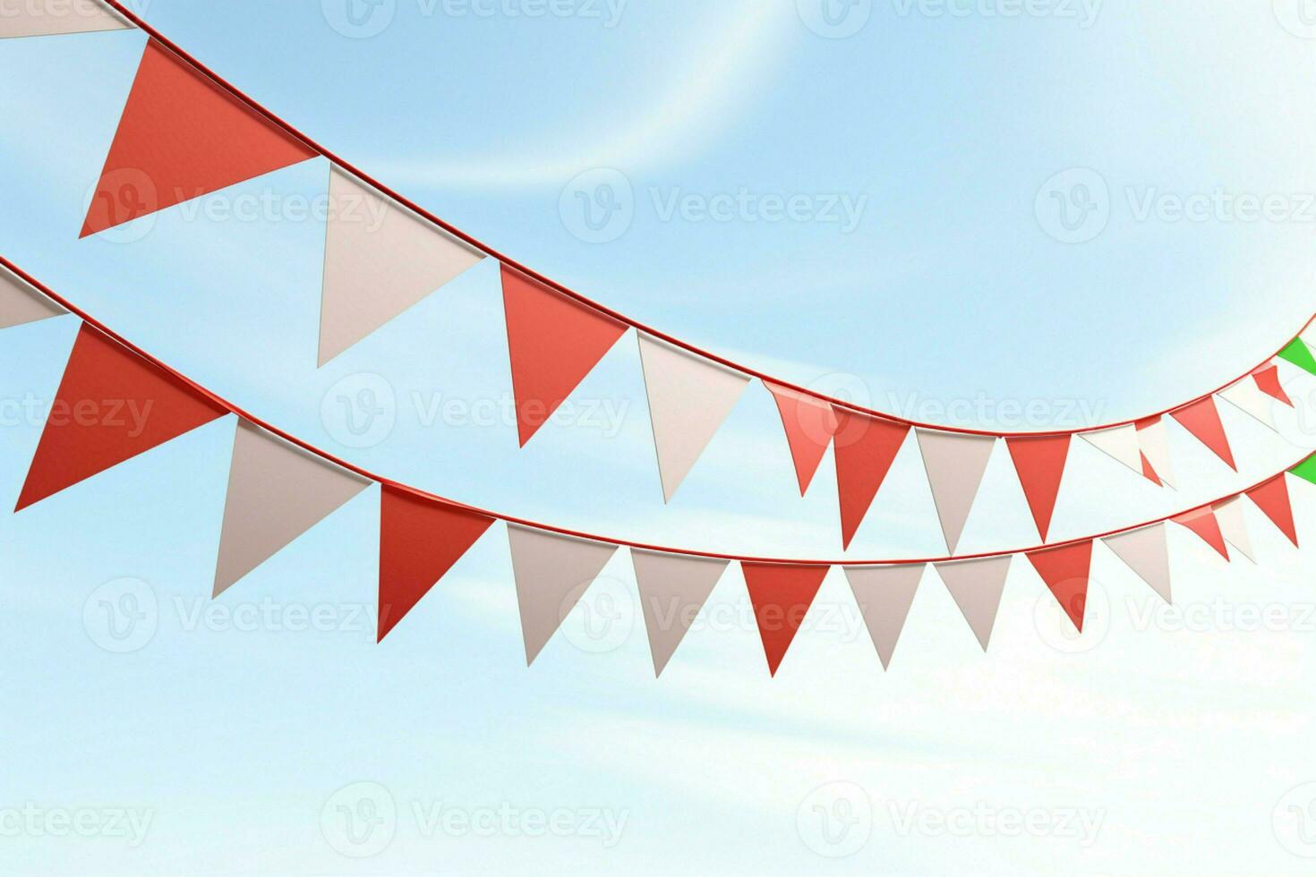 AI generated Vibrant red and white bunting festively hanging with triangular flags for celebrations. AI Generated photo