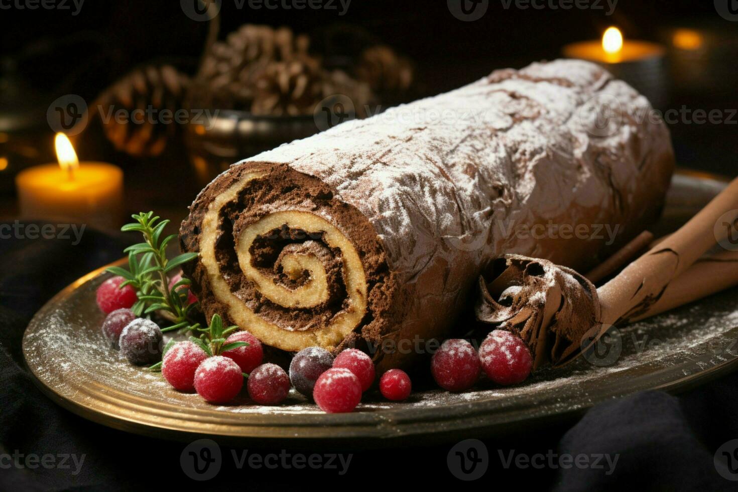 AI generated Classic Yule log a festive treat Christmas cake rolled and adorned for a delightful celebration AI Generated photo