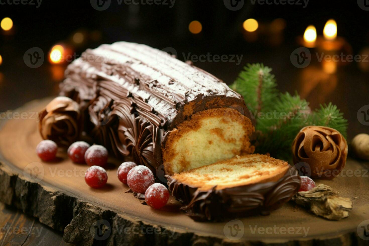 AI generated Classic Yule log a festive treat Christmas cake rolled and adorned for a delightful celebration AI Generated photo