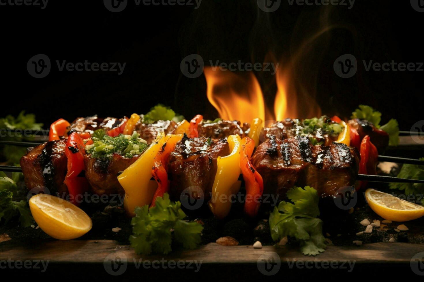 jugoso ensartado seekh brochetas un Agua en la boca mezcla de especias y A la parrilla bondad ai generado foto