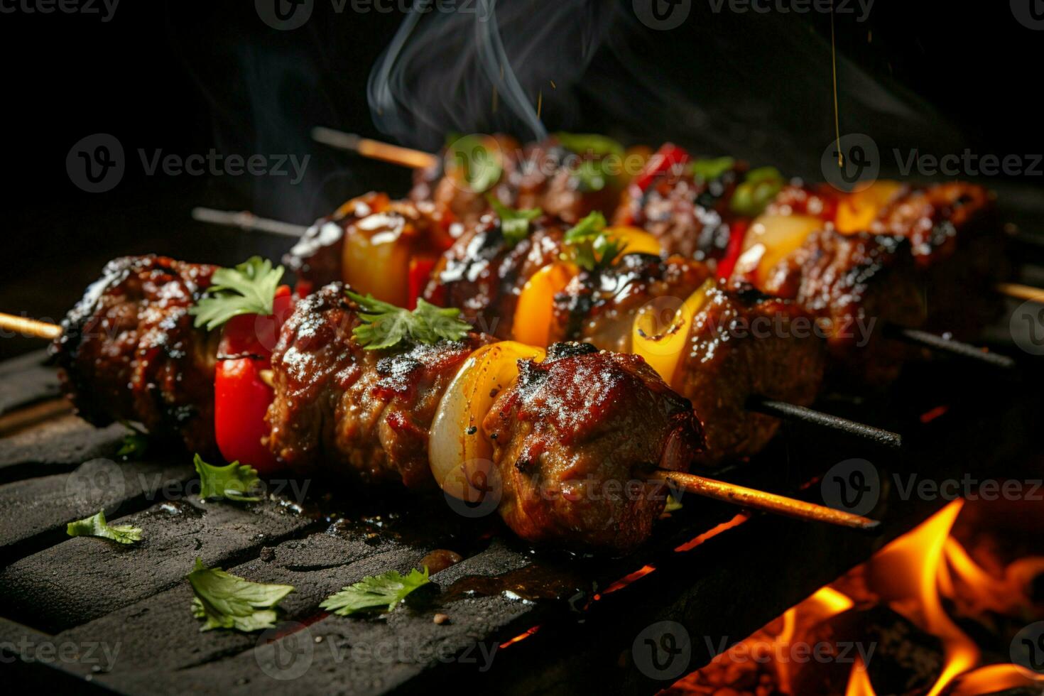 jugoso ensartado seekh brochetas un Agua en la boca mezcla de especias y A la parrilla bondad ai generado foto