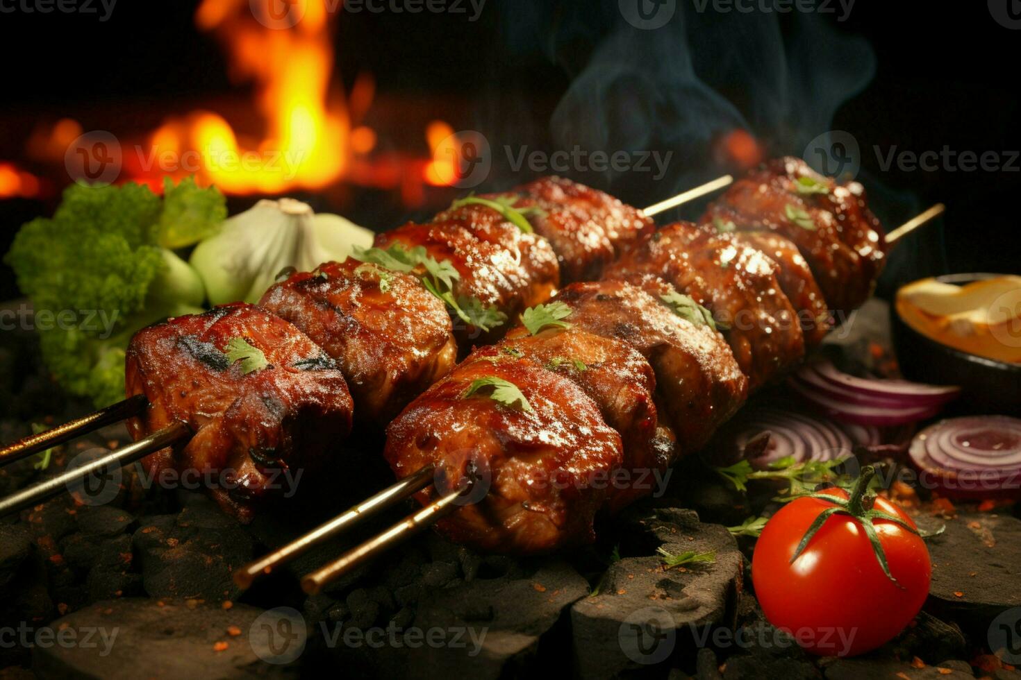 jugoso ensartado seekh brochetas un Agua en la boca mezcla de especias y A la parrilla bondad ai generado foto