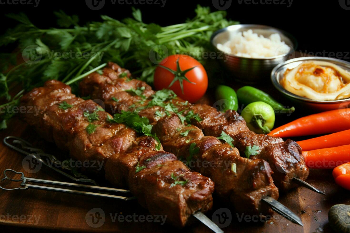 Juicy skewered seekh kababs a mouthwatering blend of spices and grilled goodness AI Generated photo