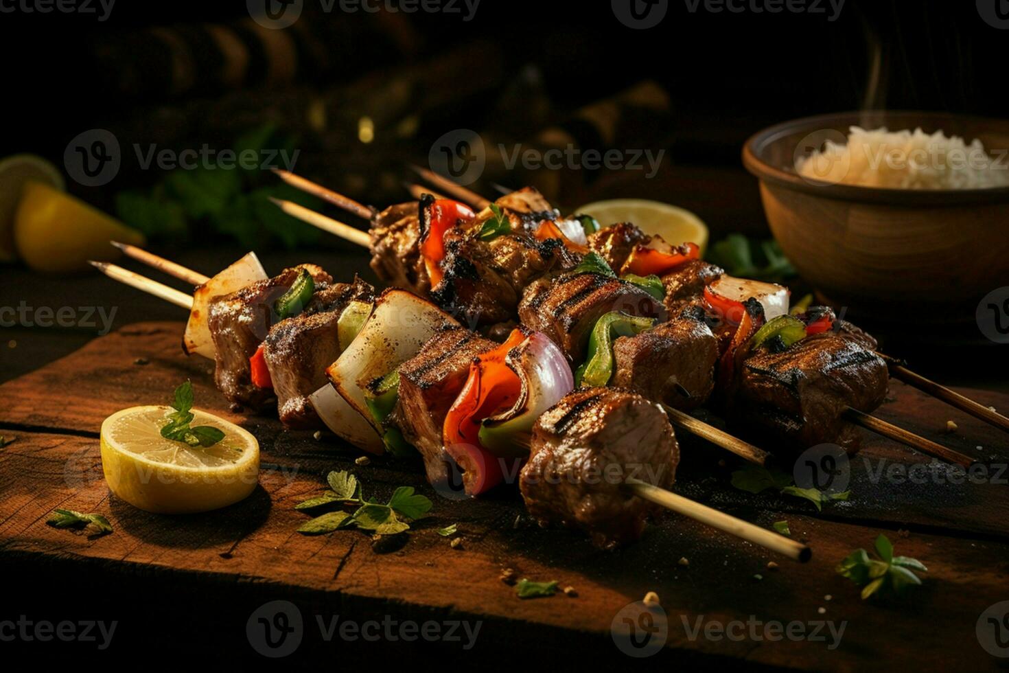 Juicy skewered seekh kababs a mouthwatering blend of spices and grilled goodness AI Generated photo