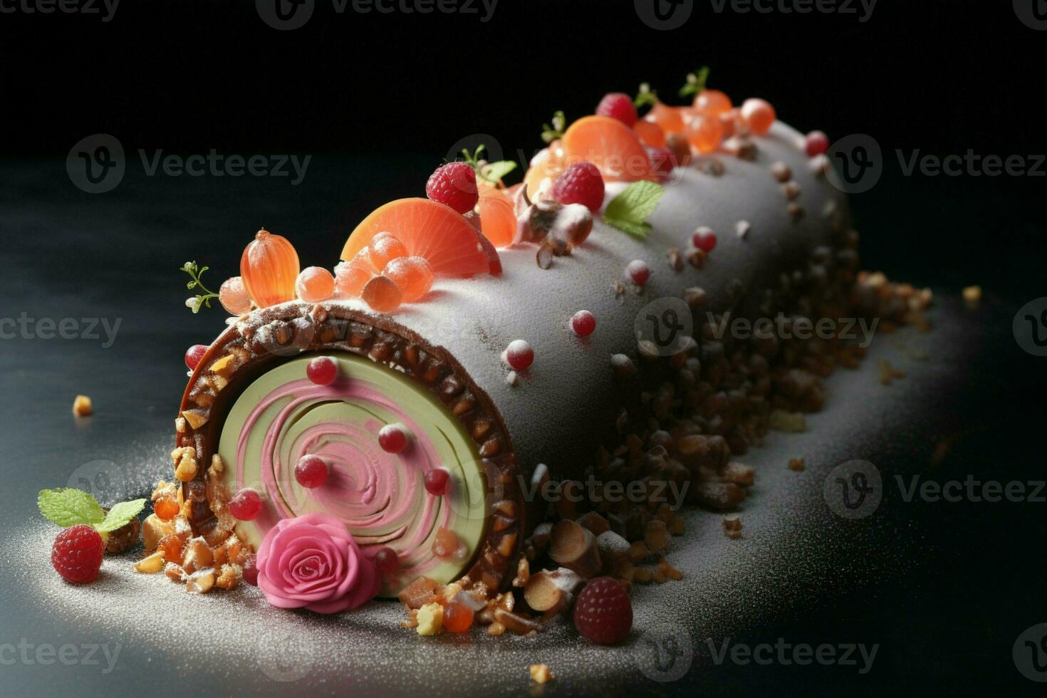 AI generated Classic Yule log a festive treat Christmas cake rolled and adorned for a delightful celebration AI Generated photo