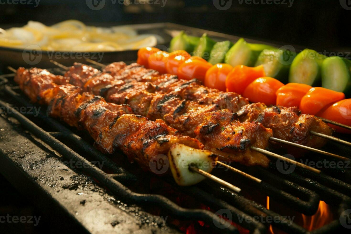 Juicy skewered seekh kababs a mouthwatering blend of spices and grilled goodness AI Generated photo