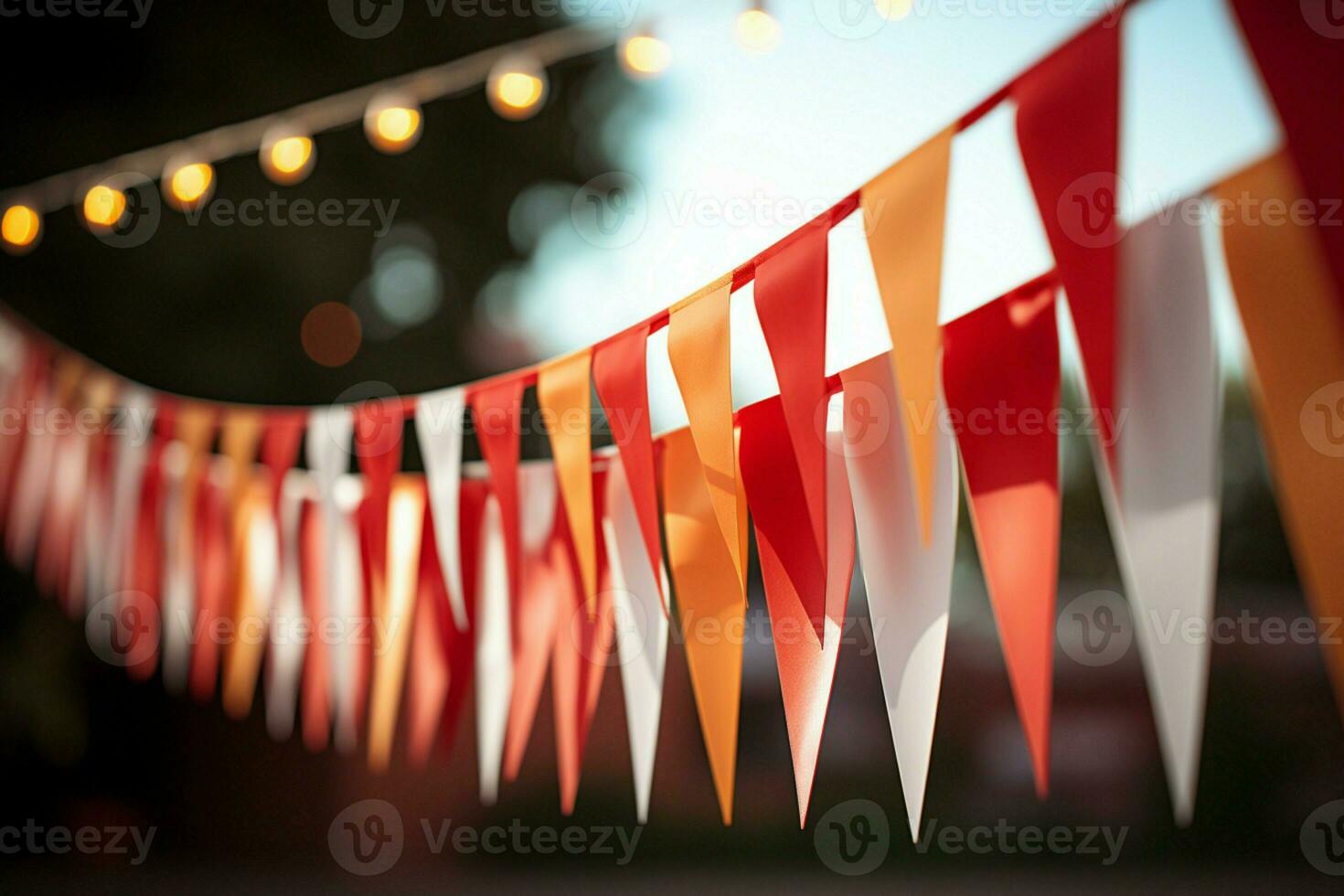 AI generated Vibrant red and white bunting festively hanging with triangular flags for celebrations. AI Generated photo