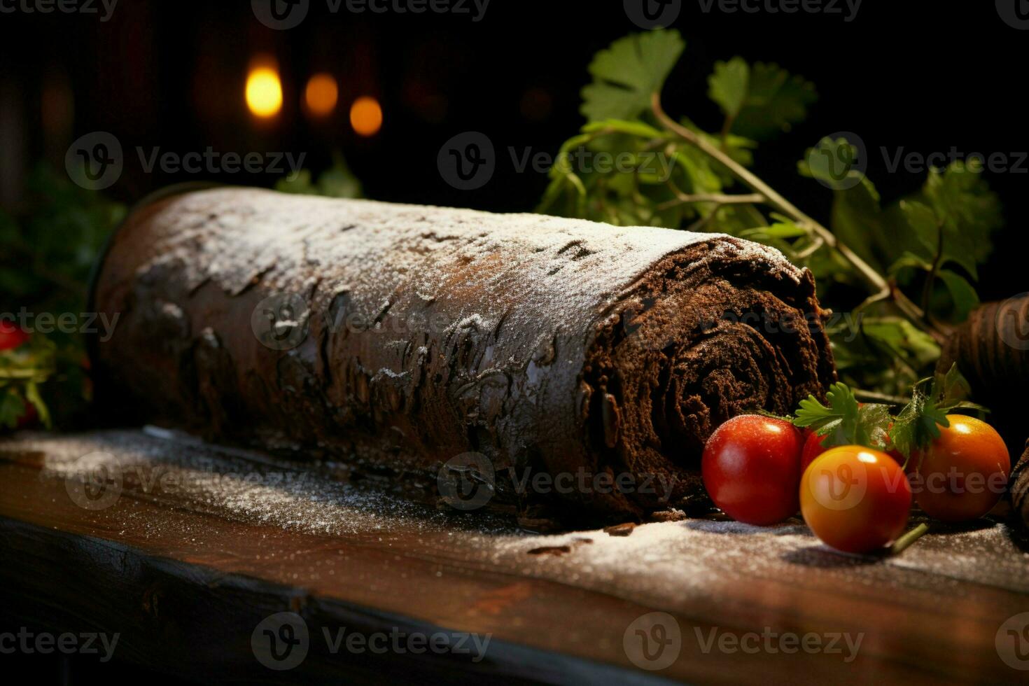 ai generado clásico Navidad Iniciar sesión un festivo tratar Navidad pastel arrollado y adornado para un encantador celebracion ai generado foto