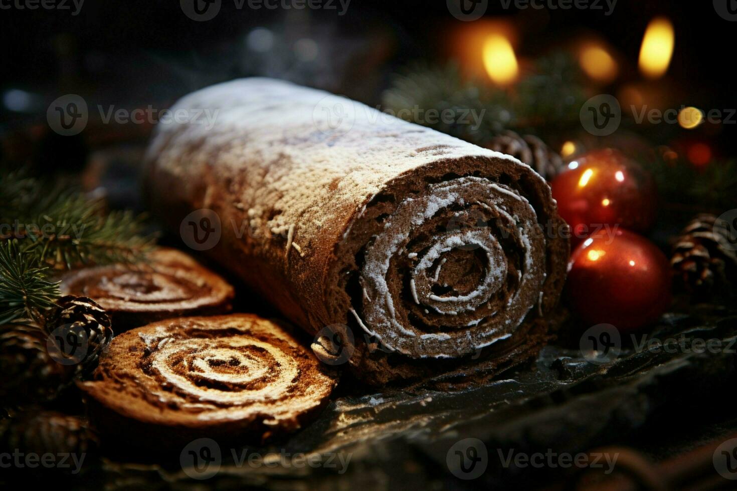 AI generated Classic Yule log a festive treat Christmas cake rolled and adorned for a delightful celebration AI Generated photo